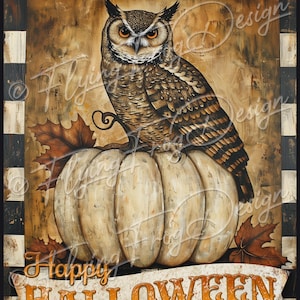 Whimsical Retro Happy Halloween Owl White Pumpkin Leaves Rustic Checked UV-Coated Aluminum Metal Door Decor Wreath Sign Made in the USA