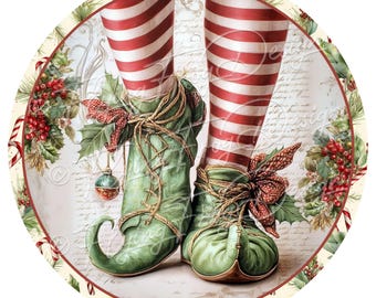 Whimsical Merry Christmas Elf Legs Pointy Shoes Red Stripe Stockings 3 UV-Coated Aluminum Metal Round Door Decor Wreath Sign Made in the USA