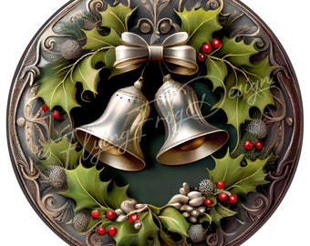 May include: A round, green and gold Christmas wreath with a white bow and two silver bells. The wreath is decorated with holly leaves and red berries.
