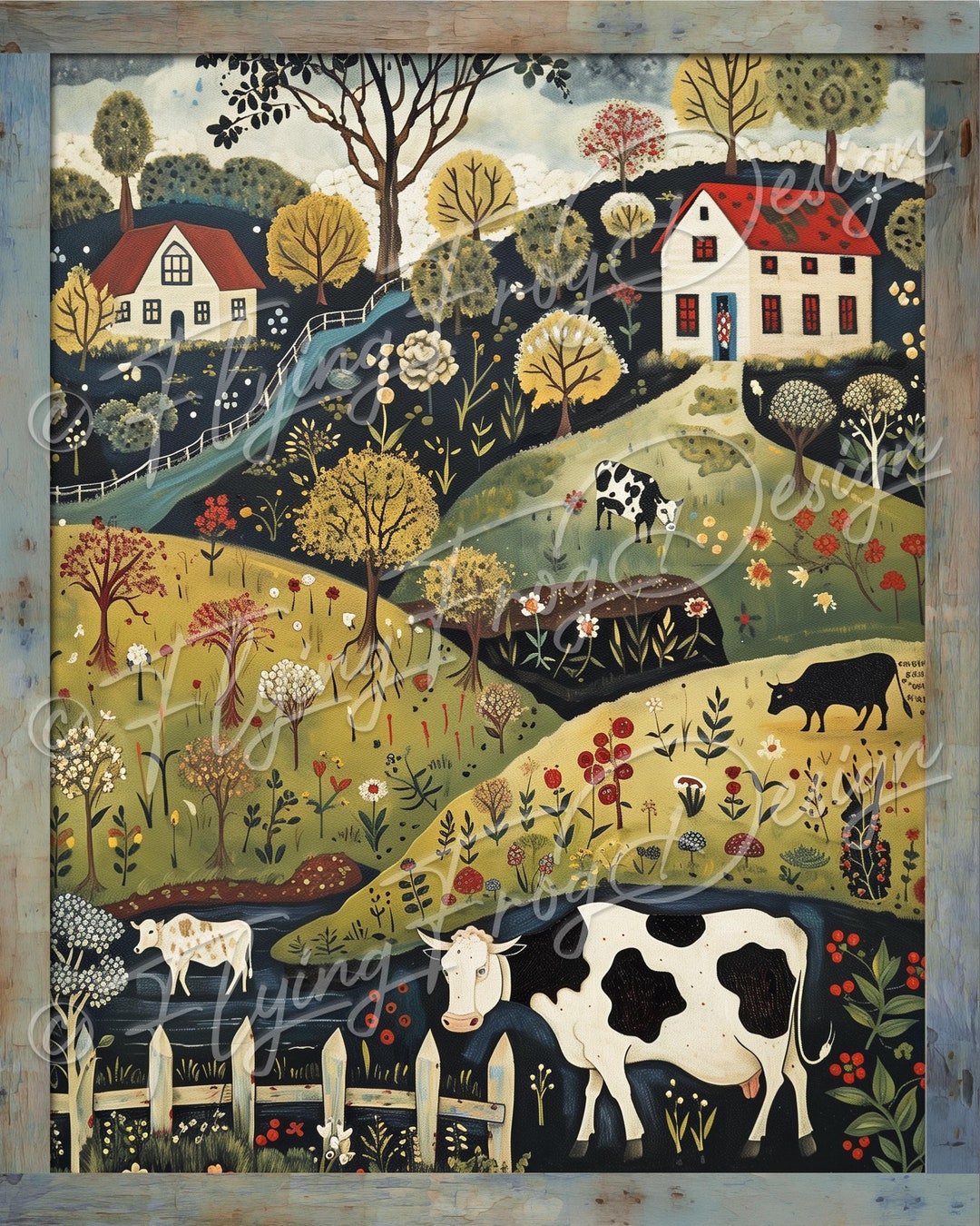 Americana Primitive Folk Art Outsider Art Houses Cows Fields Flowers Uv ...