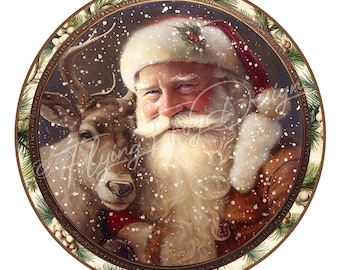 May include: A round, framed illustration of Santa Claus with a white beard and a red hat, smiling and holding a deer with brown fur. The background is a snowy forest scene with pine branches and white berries.