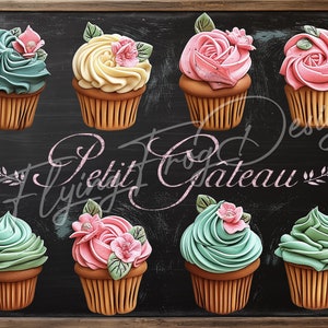 Vintage Petit Gateau Cupcakes Fancy Buttercream Frosting Blackboard UV-Coated Aluminum Metal Door Decor Wreath Sign Proudly Made in the USA