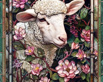 Faux Stained Glass Vintage Soft Sheep Lamb  Flowers UV-Coated Aluminum Metal Door Decor Wreath Sign Proudly Made in the USA