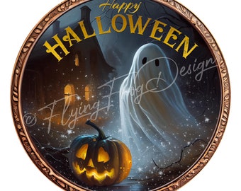 EXCLUSIVE!!! Whimsical Happy Halloween Ghost Sheet Jack O' Lantern Pumpkin Portrait Aluminum Wreath Sign Door Decor Proudly Made in the USA