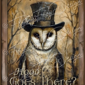 Whimsical Retro Halloween Proper Owl Top Hat Spooky Who Goes There? Rustic UV-Coated Aluminum Metal Door Decor Wreath Sign Made in the USA