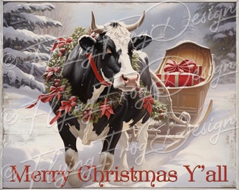 Vintage Merry Christmas Y'all Cow Sled Greenery UV-Coated Aluminum Metal Door Decor Wreath Sign Proudly Made in the USA