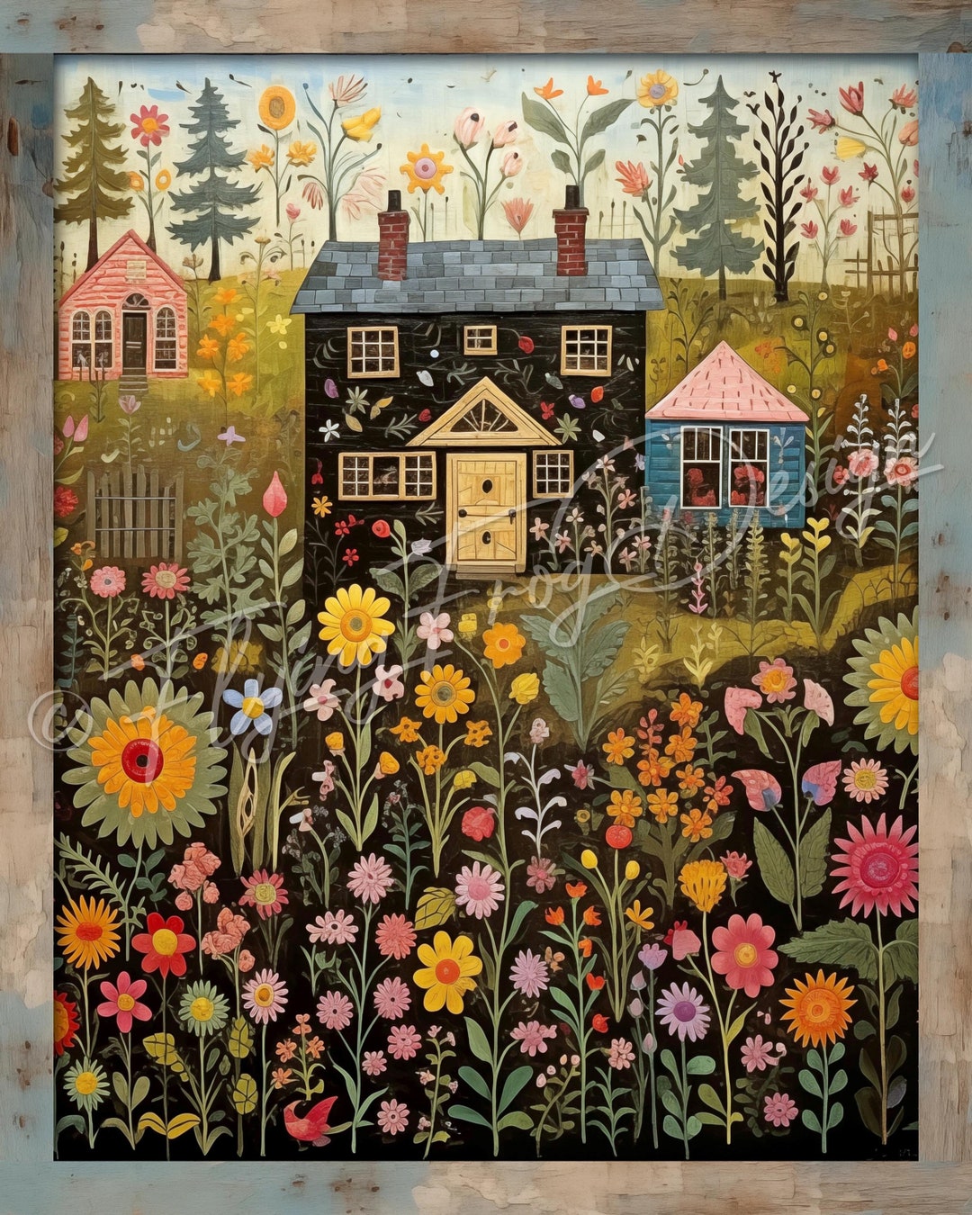 Americana Folk Outsider Art Black House Field of Garden Flowers Uv ...