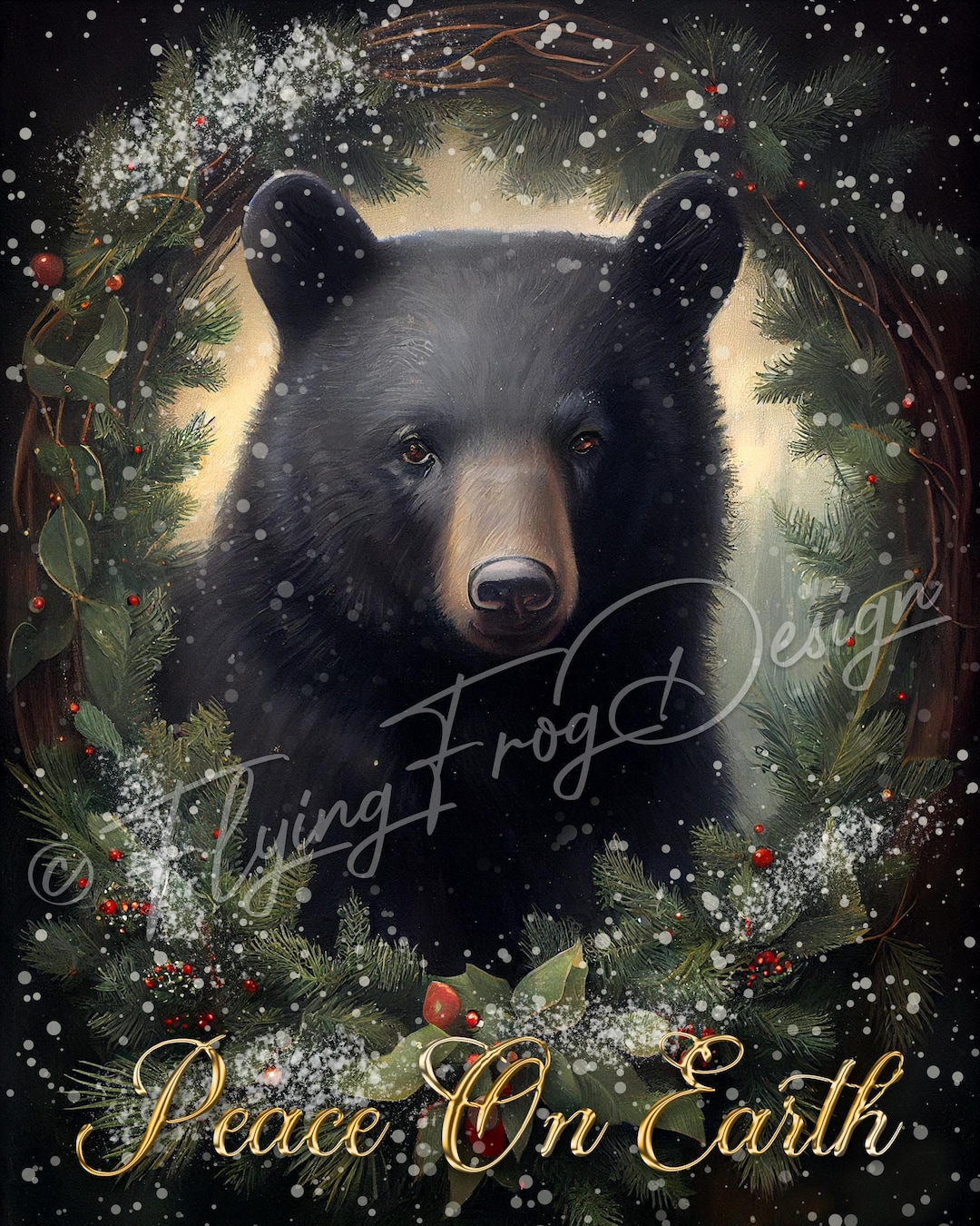 Victorian Vintage Christmas Black Bear Peace on Earth Berries Holly ...