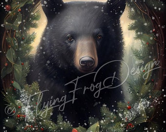 May include: A black bear peeking through a Christmas wreath with red berries and green pine branches. The wreath is decorated with faux snow and the words "Peace On Earth" are written in gold lettering.