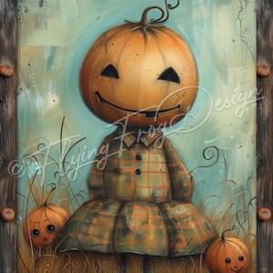 May include: A whimsical painting of a pumpkin person wearing a plaid dress and standing in a field with two smaller pumpkins. The painting has a vintage, rustic feel and is titled "A Jolly Hallowe'en".