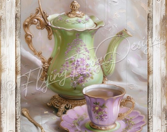 Vintage Tea Time Green Tea Pot Purple Cup Soft Flowers Distressed Frame UV-Coated Aluminum Metal Door Decor Wreath Sign Made in the USA