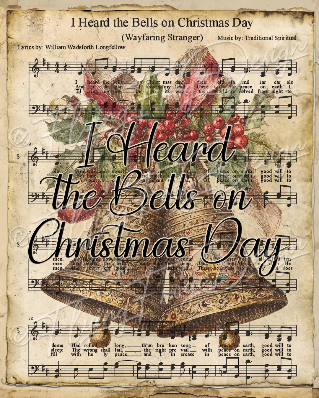 Vintage Rustic I Heard the Bells on Christmas Day Sheet Music Wreath Uv ...