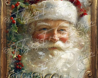May include: A vintage-style illustration of Santa Claus with a red hat and white beard. The image has a gold frame and the text "Merry Christmas" at the bottom.