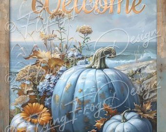 Vintage Welcome Sign Coastal Blue Pumpkins Beach Leaves Flowers Autumn Fall UV-Coated Aluminum Metal Door Decor Wreath Sign Made in the USA