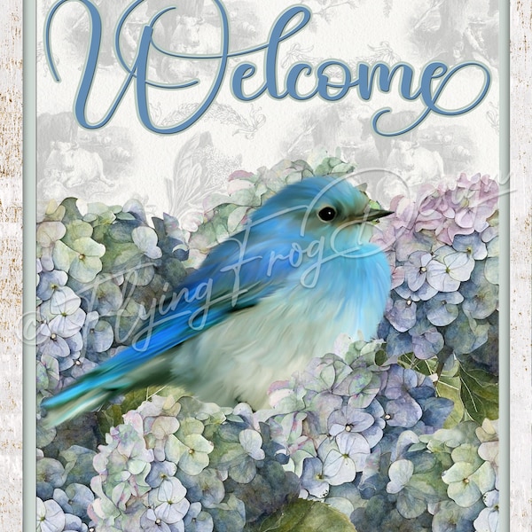 Vintage Soft Pastel Welcome Bluebird and Hydrangeas UV-Coated Aluminum Wreath Sign Door Decor Metal Made in the USA
