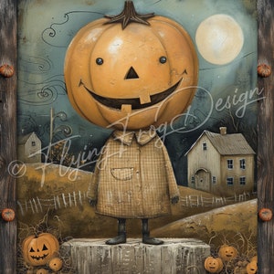 May include: A whimsical illustration of a pumpkin-headed figure standing on a wooden stump in a field. The figure is wearing a plaid shirt and has a friendly, toothy grin. The background features a small house, a full moon, and a fence. The text "A Jolly Hallowe'en" is written at the bottom of the image.