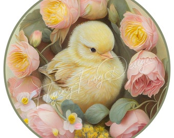 Exclusive Design! Vintage Whimsical Watercolor Baby Chick and Roses UV-Coated Aluminum Round Door Decor Wreath Signs Metal Made in the USA