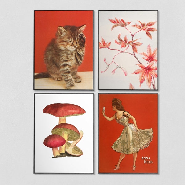 Rot Vintage Galerie Wand-Kunst-Set | Eklektische Wohnkultur | Digitale Kunst Drucke für Wohnkultur | Rot Eklektisches Kunst-Galeriewanddekor