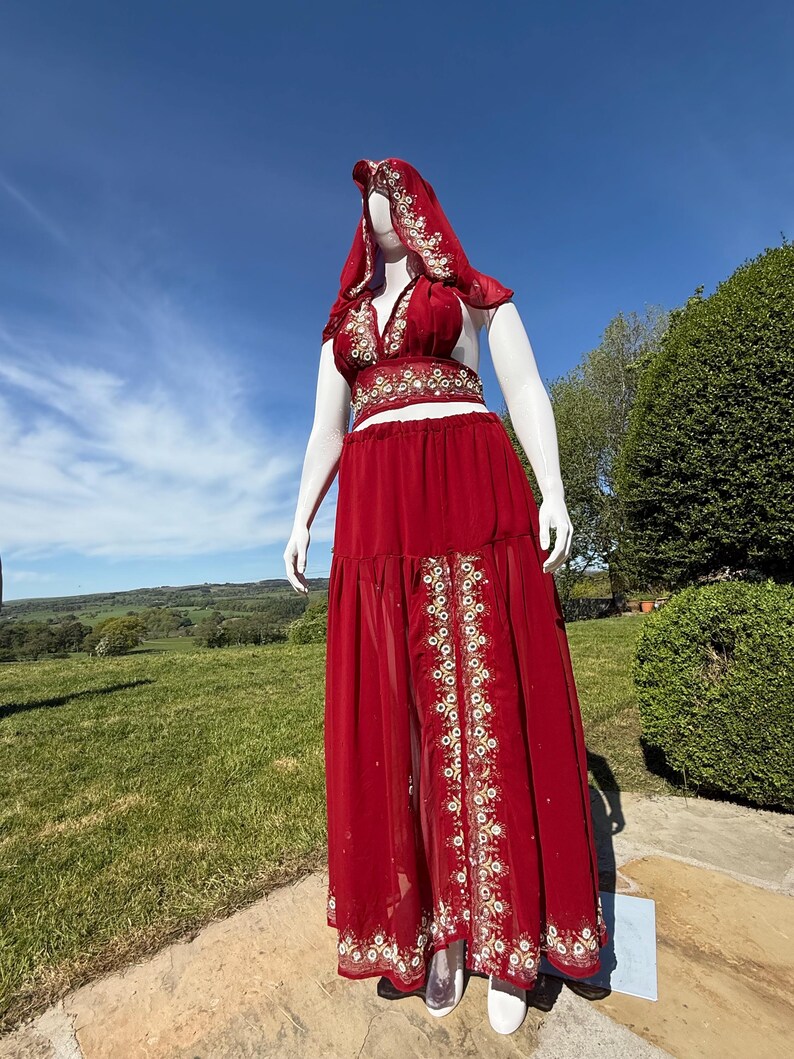 May include: A red, floor-length dress with a long, flowing skirt and a fitted bodice. The dress is adorned with gold embroidery and sequins. The dress has a deep V-neckline and a hood.
