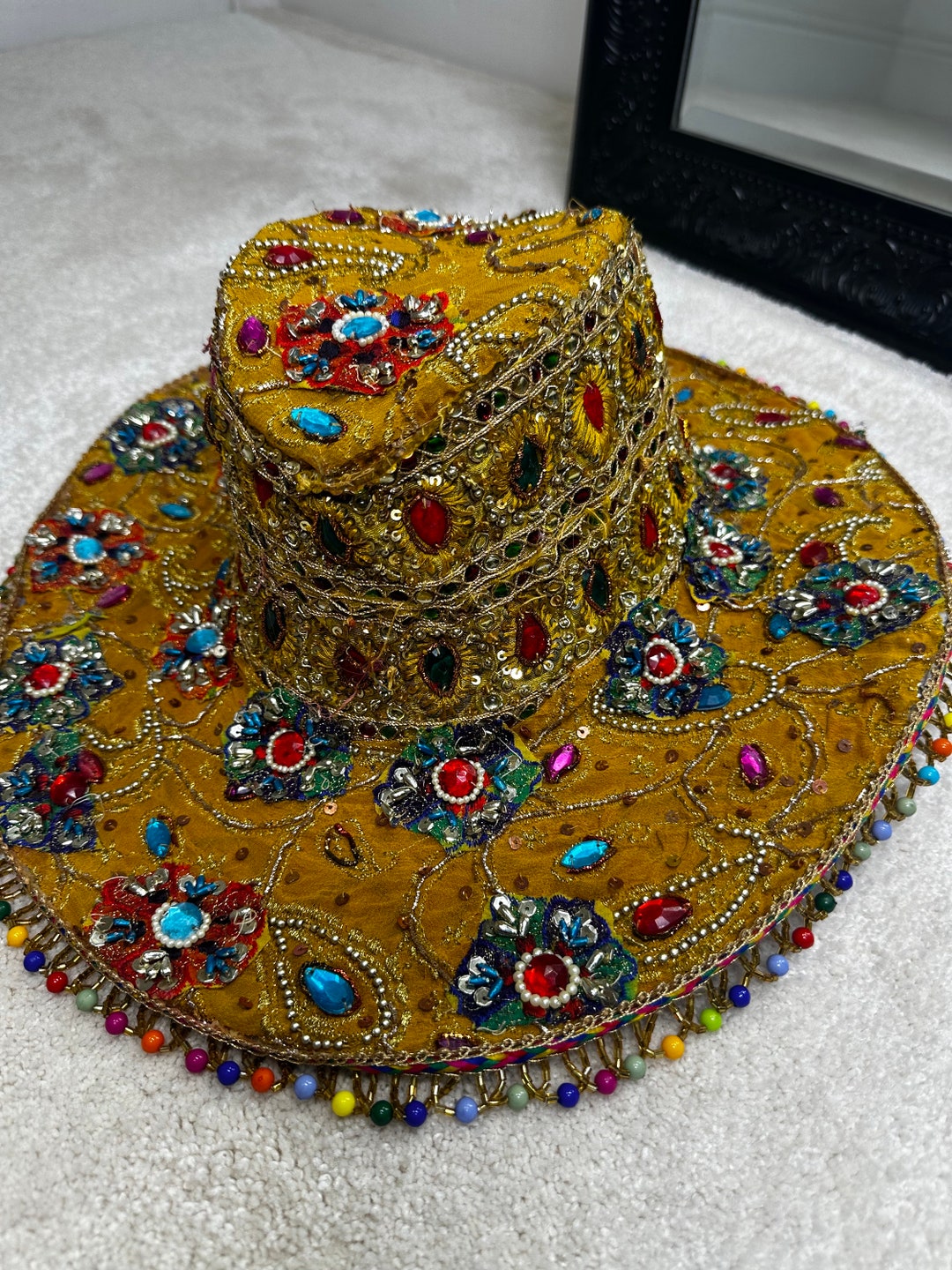 Unique Yellow Cowboy Hat With Fringe / Embellished With Sequins and
