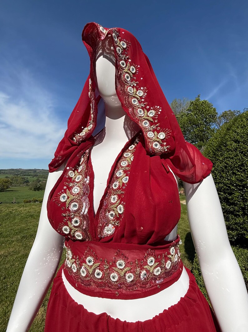 May include: A red, sheer, embroidered dress with a matching head scarf. The dress has a deep V-neckline and a fitted bodice. The skirt is flowing and has a gathered waist. The embroidery is gold and silver and features floral and geometric patterns.