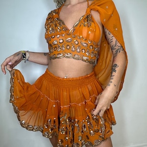 Orange cut out embellished micro skirt festival set two piece set
