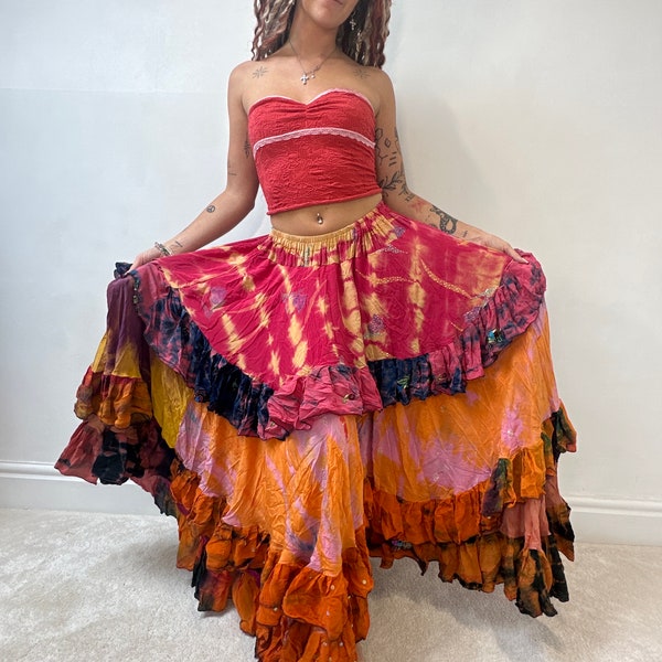 Up-Cycled Sari Elastic Band Tiered Skirt main image 0