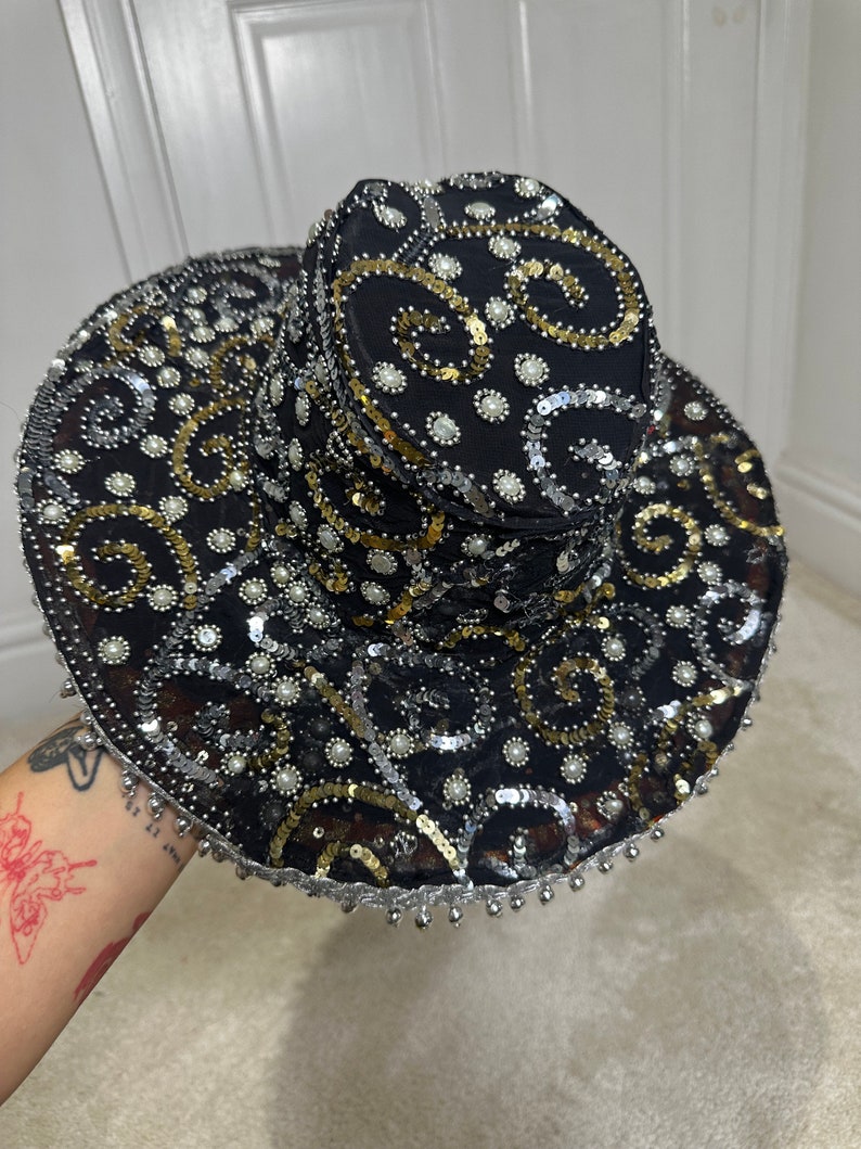 Unique Black Cowboy Hat With Fringe / Embellished With Sequins and