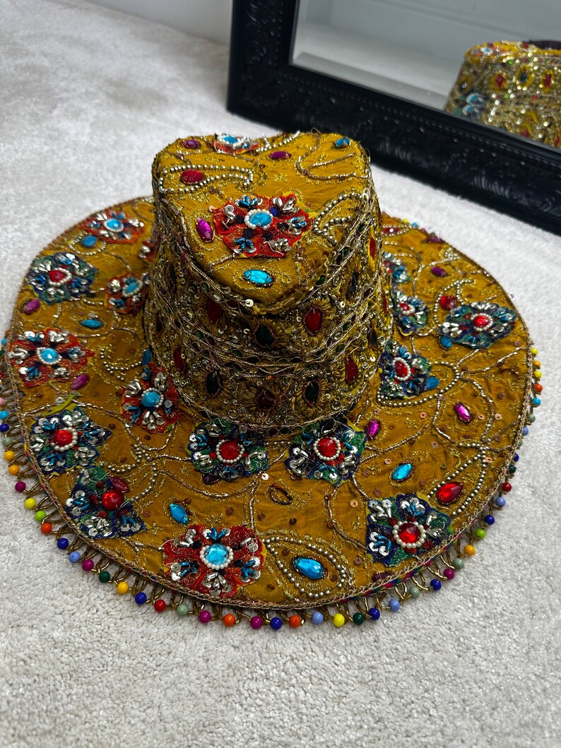 Unique Yellow Cowboy Hat With Fringe / Embellished With Sequins and