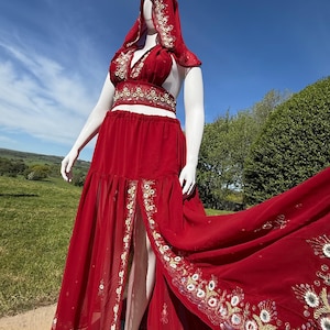 May include: A red maxi skirt with a front slit and gold embroidery. The skirt is made of a sheer fabric and has a flowing silhouette. The skirt is paired with a matching red crop top with a plunging neckline and gold embroidery.