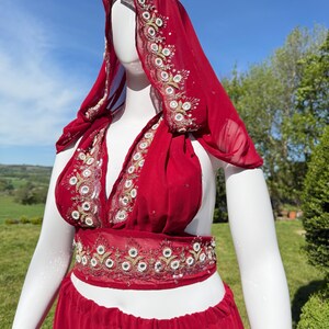 May include: A red, beaded, halter-style top with a matching skirt and a sheer red scarf. The outfit is decorated with silver and gold sequins.