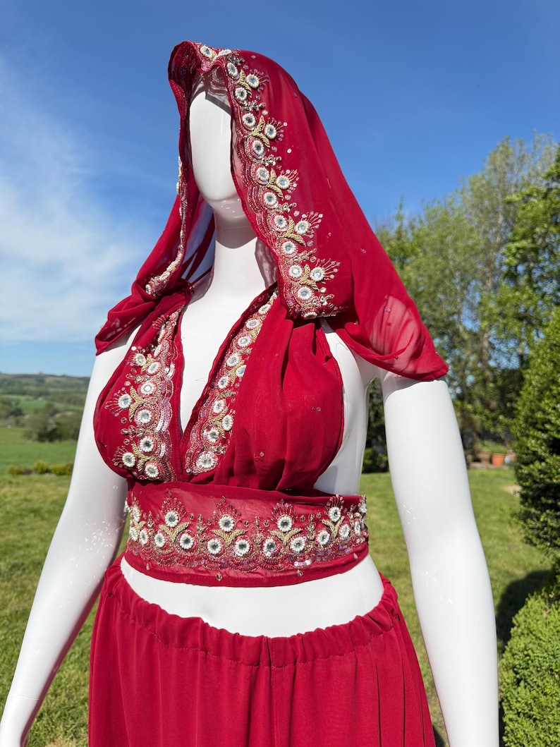 May include: A red, beaded, halter-style top with a matching skirt and a sheer red scarf. The outfit is decorated with silver and gold sequins.