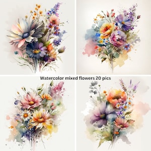 Flores de acuarela digital, más de 20 flores hermosas, paquete de arte impreso, imágenes prediseñadas, gráficos digitales PNG 400, descarga instantánea, uso comercial