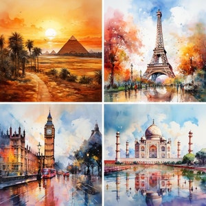 Paisaje acuarela mundo, más de 10 arte digital, Vol.1, monumentos impresionantes, imágenes prediseñadas, arte de pared, impresiones de descarga digital, JPG 400, uso comercial