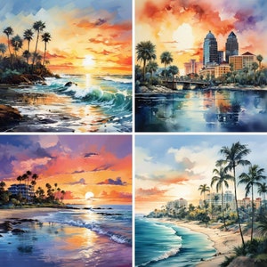 Aquarell Landschaft, 12+ Florida, Strand Landschaft, Sonnenuntergang, Clipart Bundle, Geschenk Wandkunst, digitaler Download Druck, JPG 400, kommerzielle Nutzung