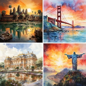 Paisaje acuarela mundo, más de 10 arte digital, Vol.2, monumentos impresionantes, imágenes prediseñadas, arte de pared, impresiones de descarga digital, JPG 400, uso comercial