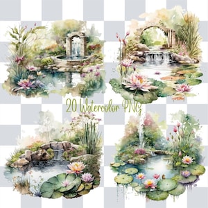 Pacote de clipart de lagoa, mais de 20 cachoeiras em aquarela, cachoeiras, paisagens Lily Pad, Scrapbooking, download digital transparente PNG 400 Uso comercial