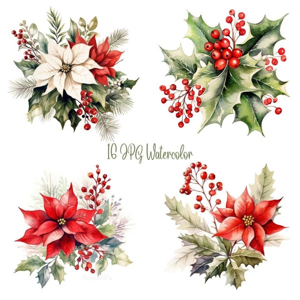 Watercolor Christmas Flower Clipart, 16 Merry Christmas Bouquets, Floral Fall, Card making, Digital Download Prints, JPG 400, Commercial Use