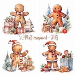 Lebkuchenmann Clipart Bundle, 20+ Weihnachtsplätzchen Aquarell, Kartenherstellung, digitaler Download, PNG transparent + JPG 400, kommerzielle Nutzung