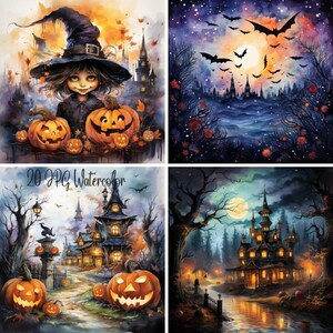 Halloween Witch Watercolor, 20+ Mystical Witch Decor, Pumpkin Ghost Gift, Clipart Bundle, Wall Art, JPG 400 Digital Download Commercial use