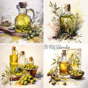 Puede incluir: Cuatro acuarelas de botellas de aceite de oliva y aceitunas verdes. Las botellas son de vidrio transparente con un líquido amarillo en su interior. Las aceitunas son verdes y están dispuestas en un cuenco o sobre una mesa. Las pinturas están sobre un fondo blanco con lavados de acuarela verde y marrón.