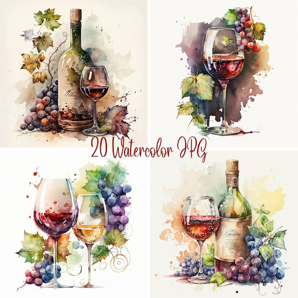 Watercolor Wine Clipart Bundle, 20+ Red and White, Wine Bottle Glass, Wall Art, Wedding Signatures, JPG Digital Download 400, Commercial Use