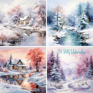 Winter Landscape Print, Watercolor, 24+ Stunning Snow Forest, Clipart Bundle, Wall Art, instant Download Prints, JPG 400 Commercial Use