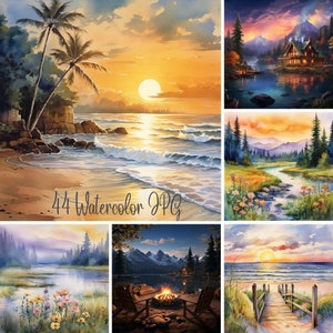 Paesaggio acquerello di arte digitale, 44+ splendide albe sul mare, clipart della natura del tramonto, arte murale, stampe digitali scaricabili, JPG 400 uso commerciale