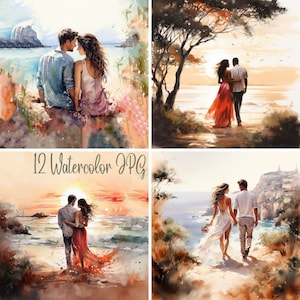 Watercolor Landscape Beach, 12+ Love Couple, Sunset Beach, Clipart Bundle, Gift, Wall Art, Digital Download Print, JPG 400, Commercial Use