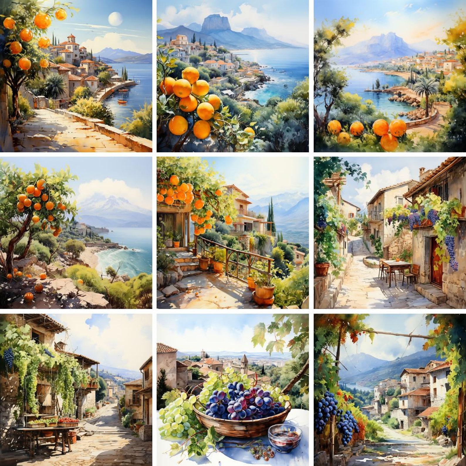 Printart Watercolor Mediterranean Landscape Printart Bundle 60+, Lemon, Olive ...
