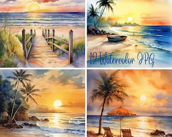 Watercolor Beach Print Art, Landscape illustrations, Digital art