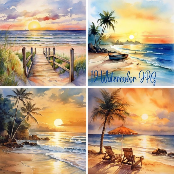 Watercolor Beach Sunset, 12+ Landscape Print, Ocean Nature, Sunrise Clipart Bundle, Wall Art, Digital Art, Download, JPG 400 Commercial Use