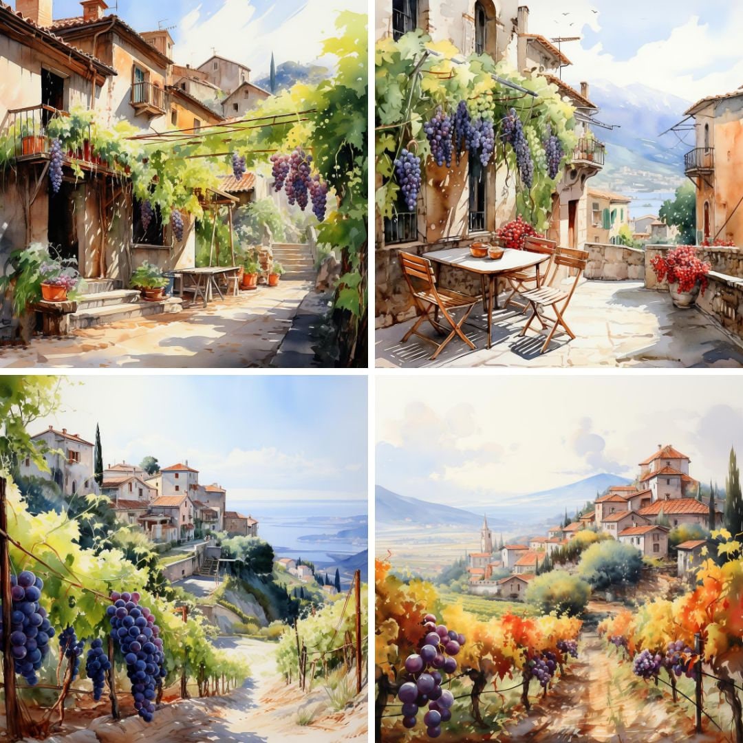 Printart Watercolor Grape Vine Printart Bundle, Italy Landscape Scenery (digital ...