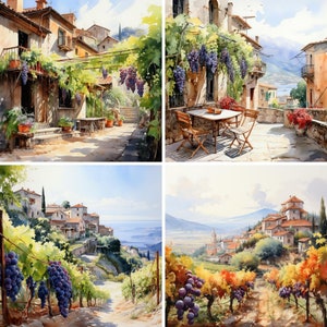 Vite ad acquerello, 12+ Paesaggi Paesaggistici, Vino Italia Toscana, Pacchetto Clipart, Arte della parete, Download digitale Stampa JPG 400, Uso commerciale